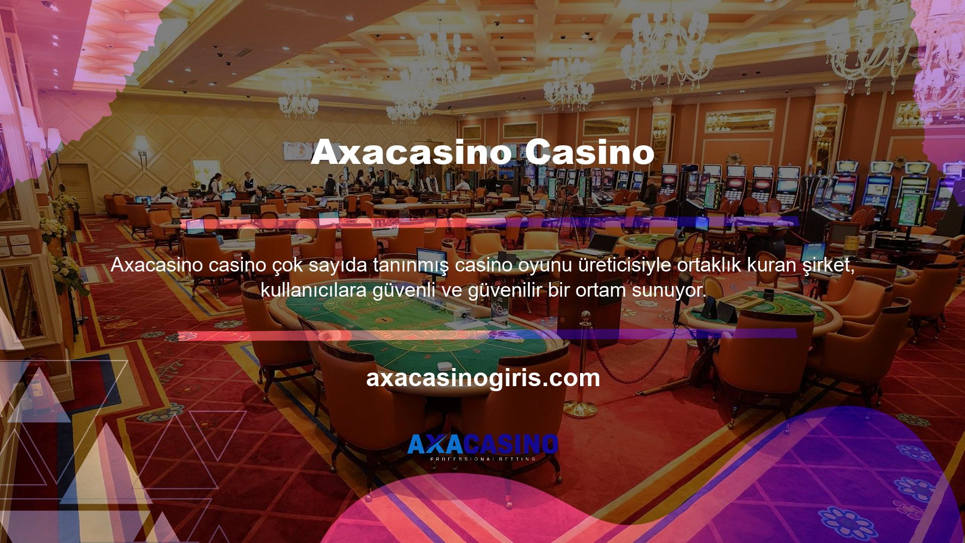 Oyun örnekleri arasında aşağıdakiler gibi çeşitli üst düzey öğeler yer alır:Axacasino Rulet Ve Blackjack  Casino Canlı bingo mevcuttur ve 3D slot türü oynanabilir